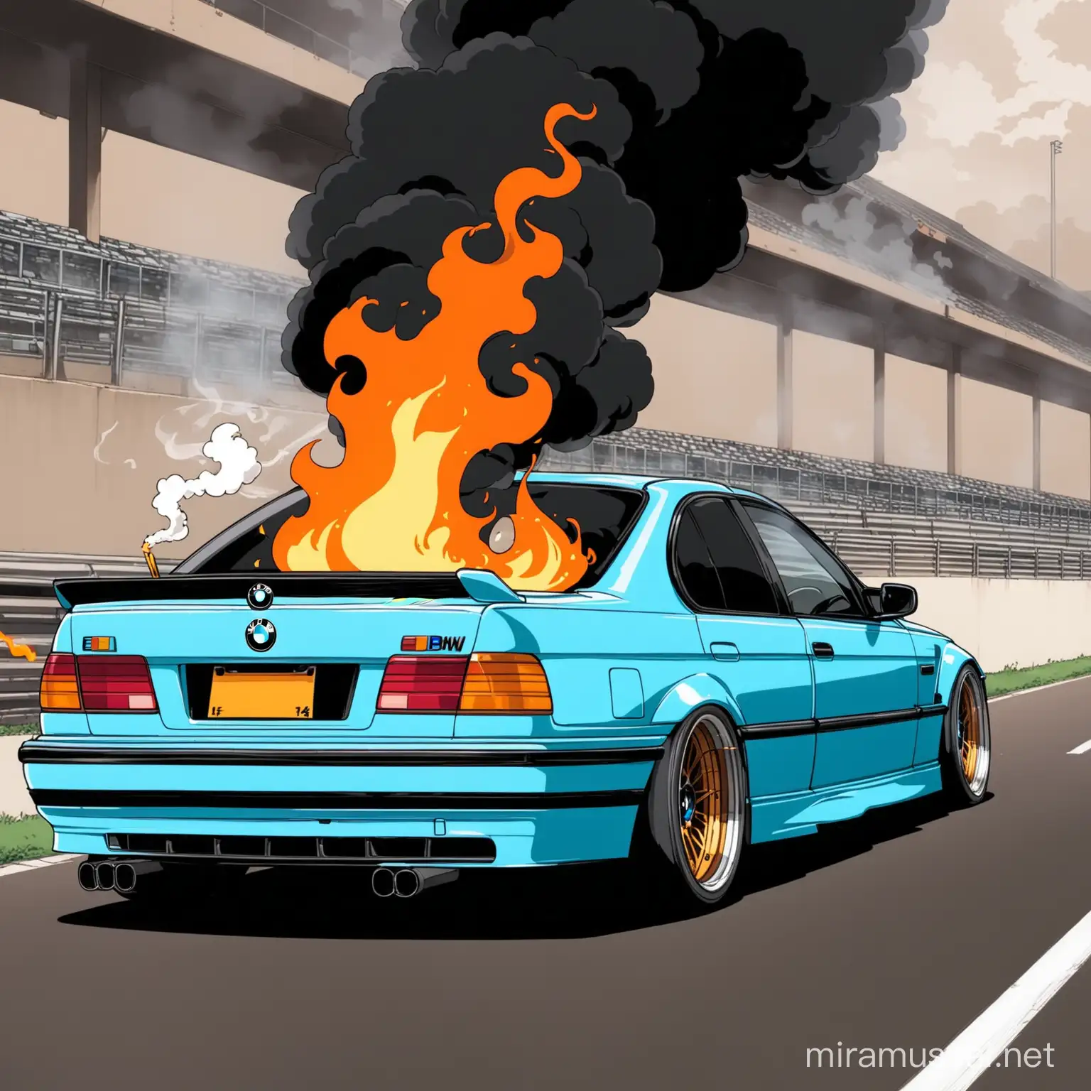 bmw e36 exhaust flames, popping, smoking, anime like, cartoon
