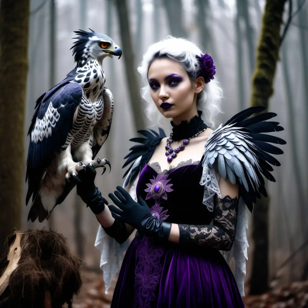 Mystical Seeress in Enchanted Forest with Harpy Eagle