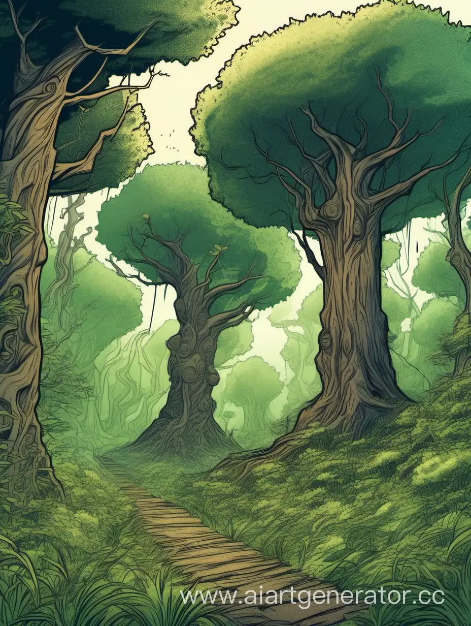 фентези лес для комикса , есть парочка огромных деревьев, много кустов и травы без тропинок

