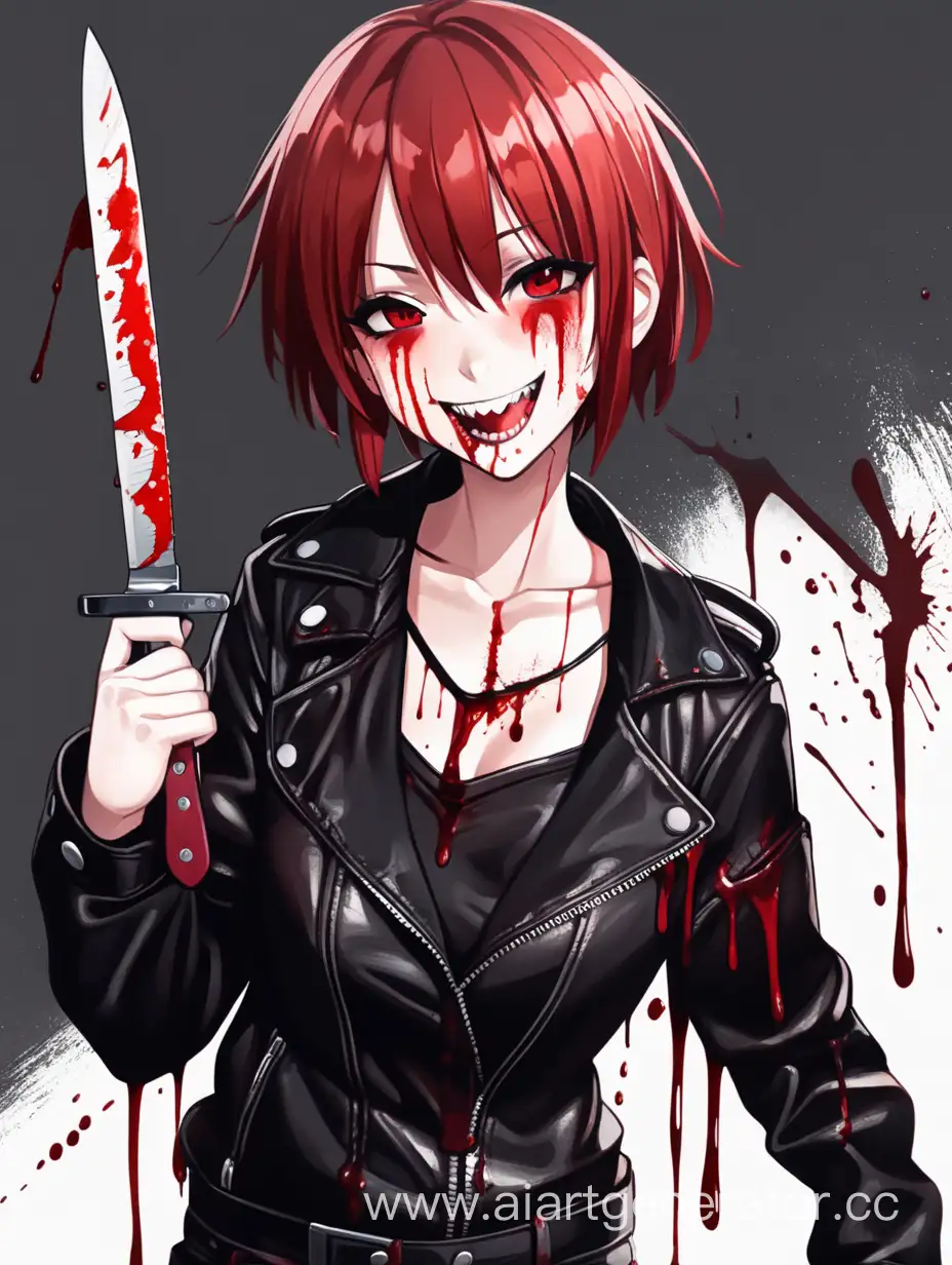 young woman. yandere. short red hair. black leather clothes. bloody knife. crazy smile. anime style