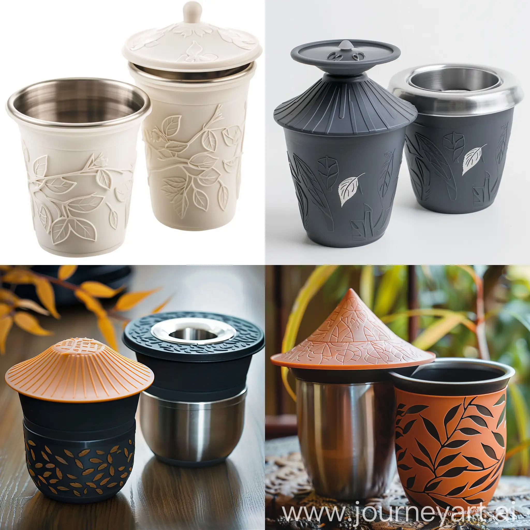 Quick Cup tea set, including two plastic cups with stainless steel inner lining, a lid shaped like a traditional Chinese hat, and the body of the Quick Cup featuring raised tea leaf patterns.