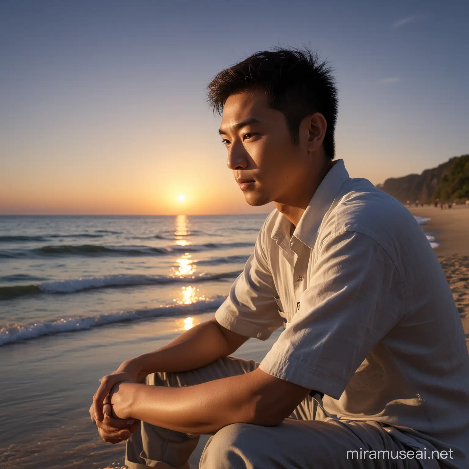 Gambar seorang lelaki asia sedang duduk di tepi pantai sore hari,dan sangat detail, sangat jernih, resolusi tinggi, penuh warna.