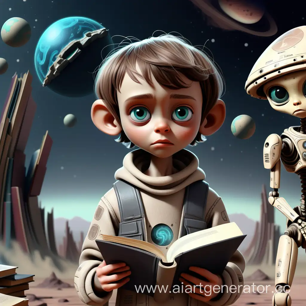 искусственный интеллект в образе человека ребенка одетого в драные вещи который держит в руке книгу на фоне вне земной цивилизации