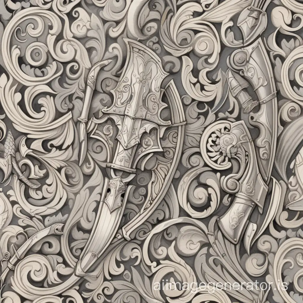 an abstract pattern consisting of curves and swirls. mixed in with the pattern are medieval weapons and armour