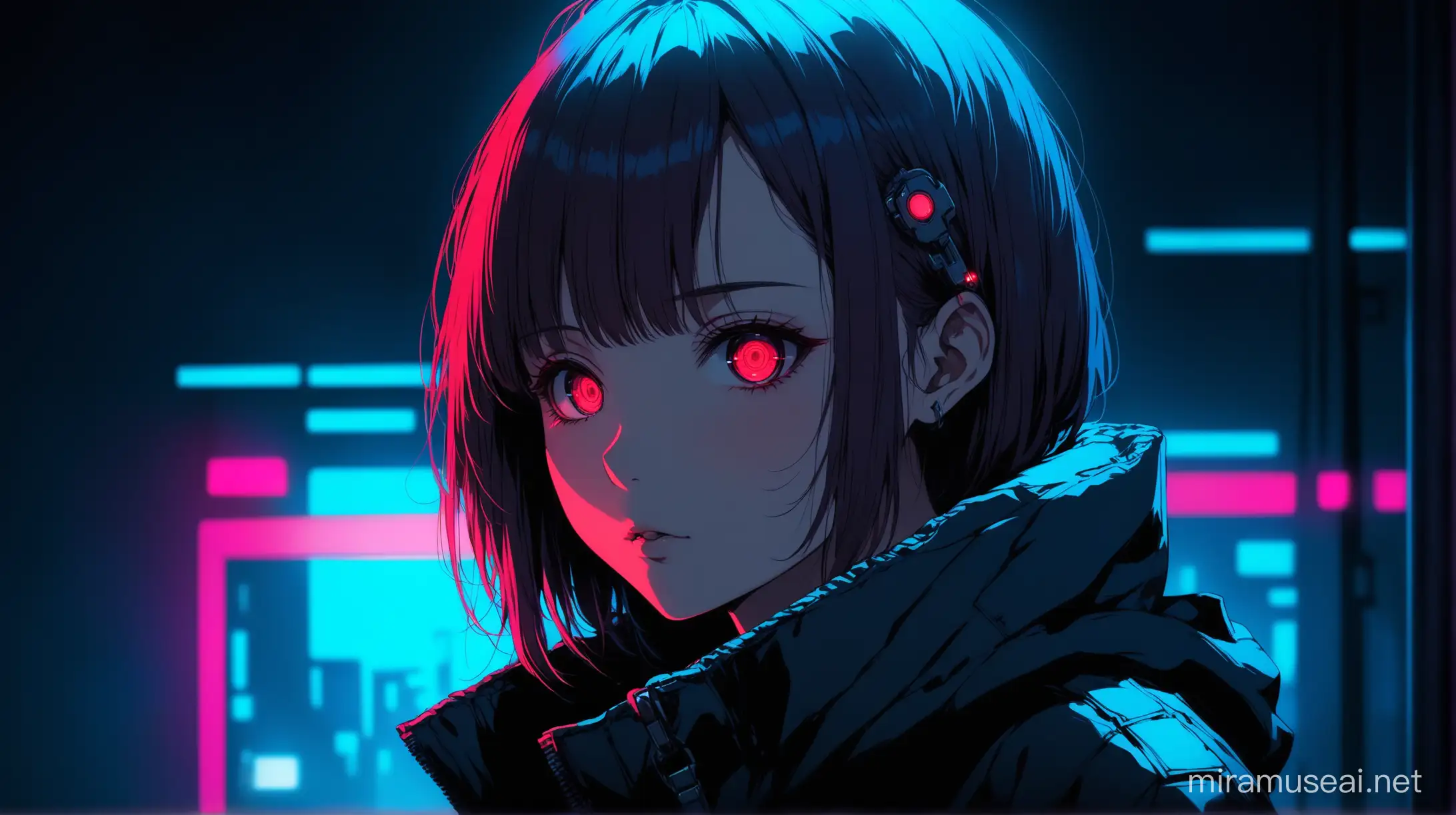 Anime girl, cyberpunk, dramatic lighting, high detail, red key light, soft blue fill light, medium shot, eye level