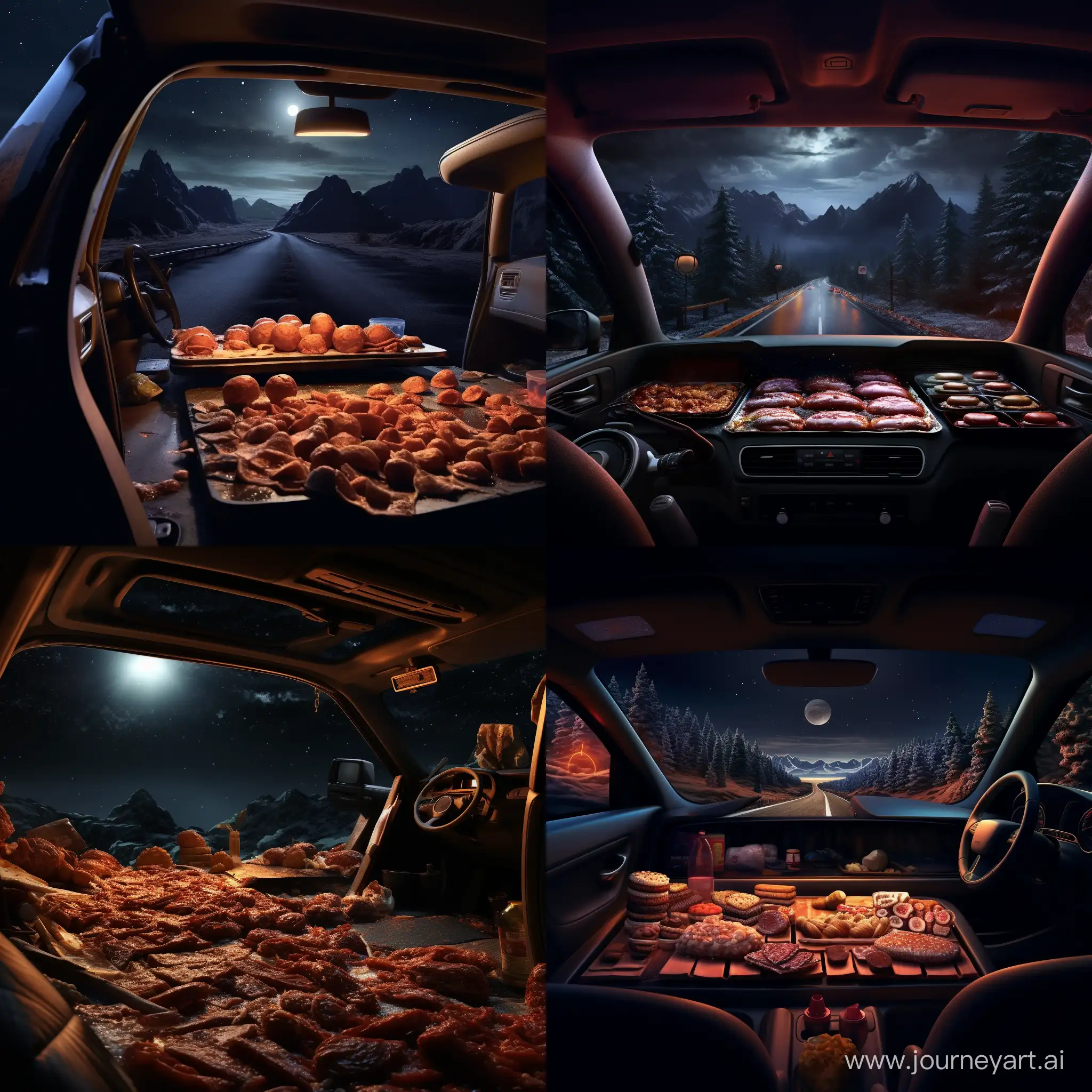 on a highway at night, illuminated only by the lights of the cars, in the right lane you can see a mound of sausage and other barbeque meat. all in a point of view from inside a car