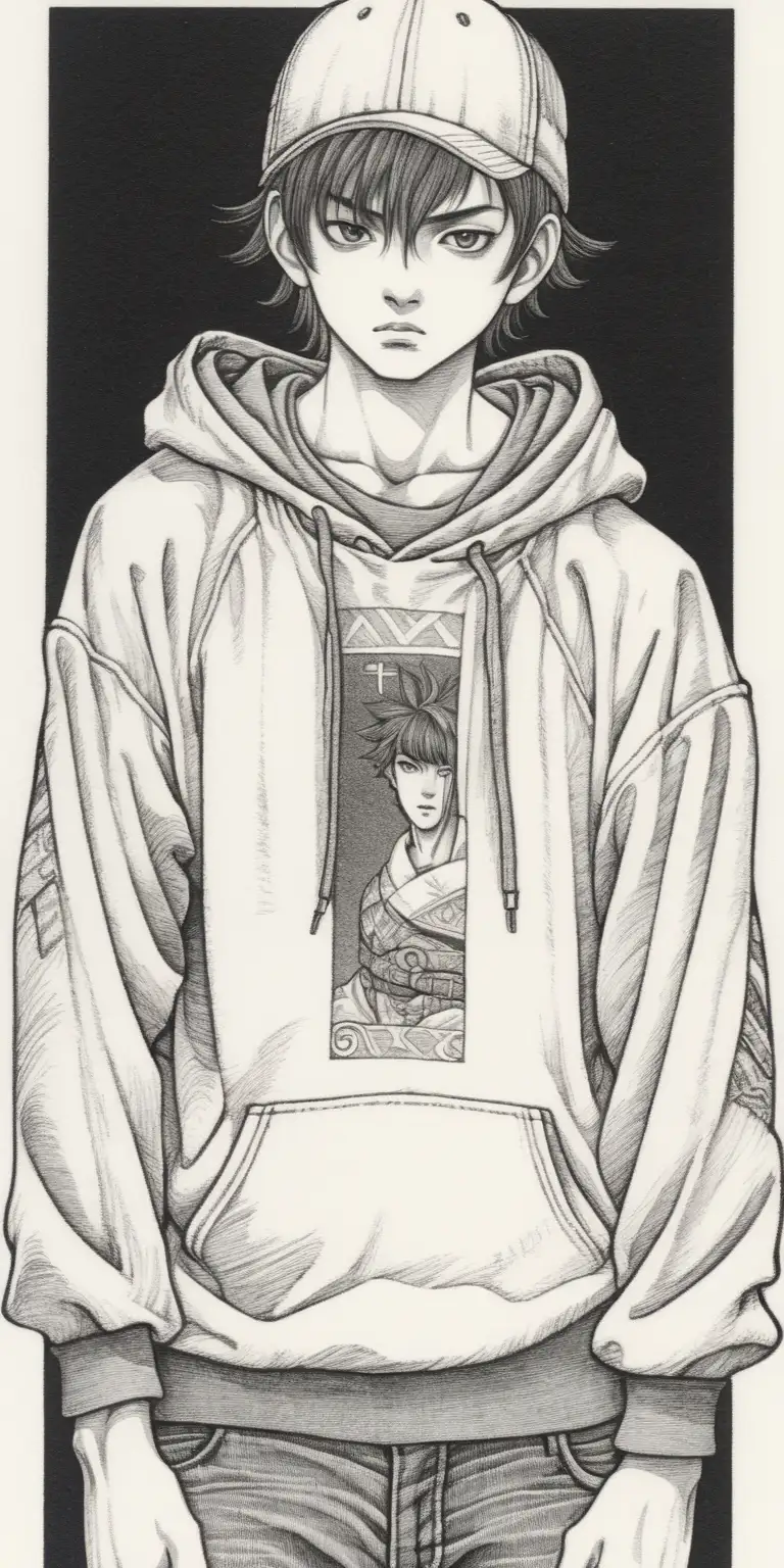 Character design facing the front, in the style of Takato Yamamoto, boy, modern clothing, bust up, looking forward, arms at side, facing forward, symmetrical, tee shirt and hoodie, 