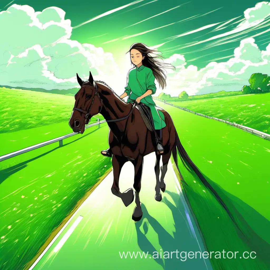 A girl, riding a horse, on a green road