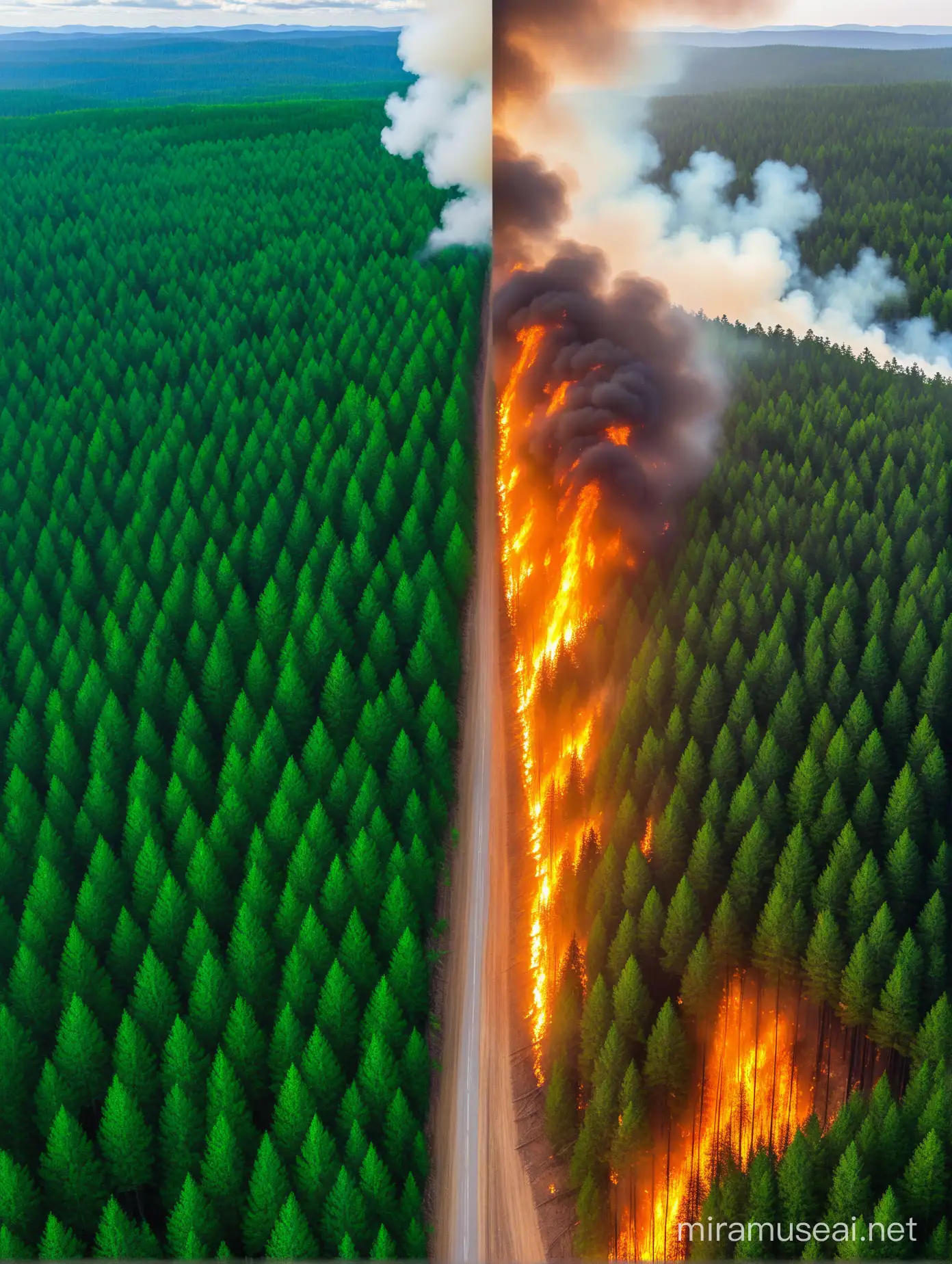 On the left side, there is a forest that is burning, while on the right side, there is a lush green forest.