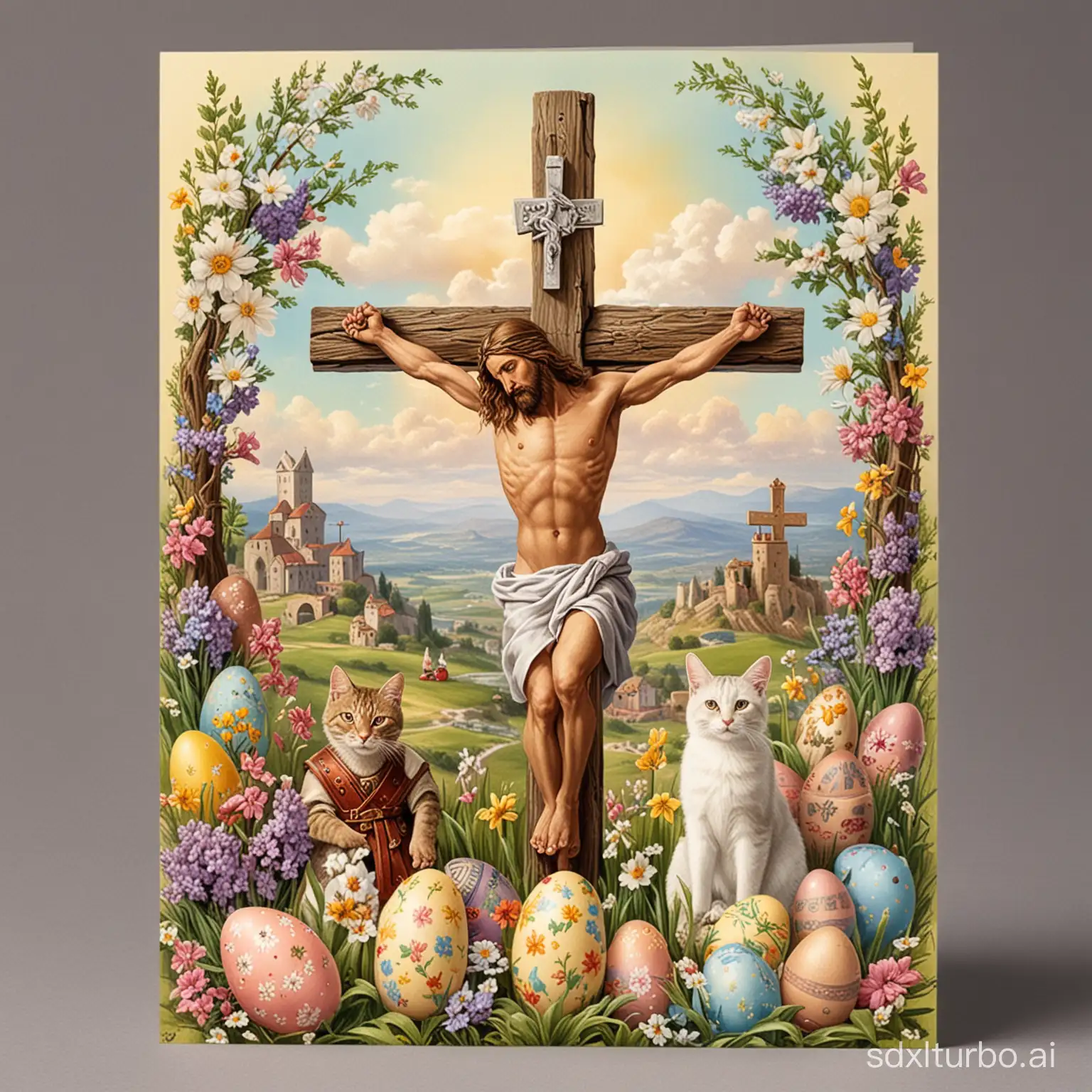 Easter greating card featuring: jesus on cross, roman soldiers, easter bunny, cat, flowers, golgota hill, easter eggs