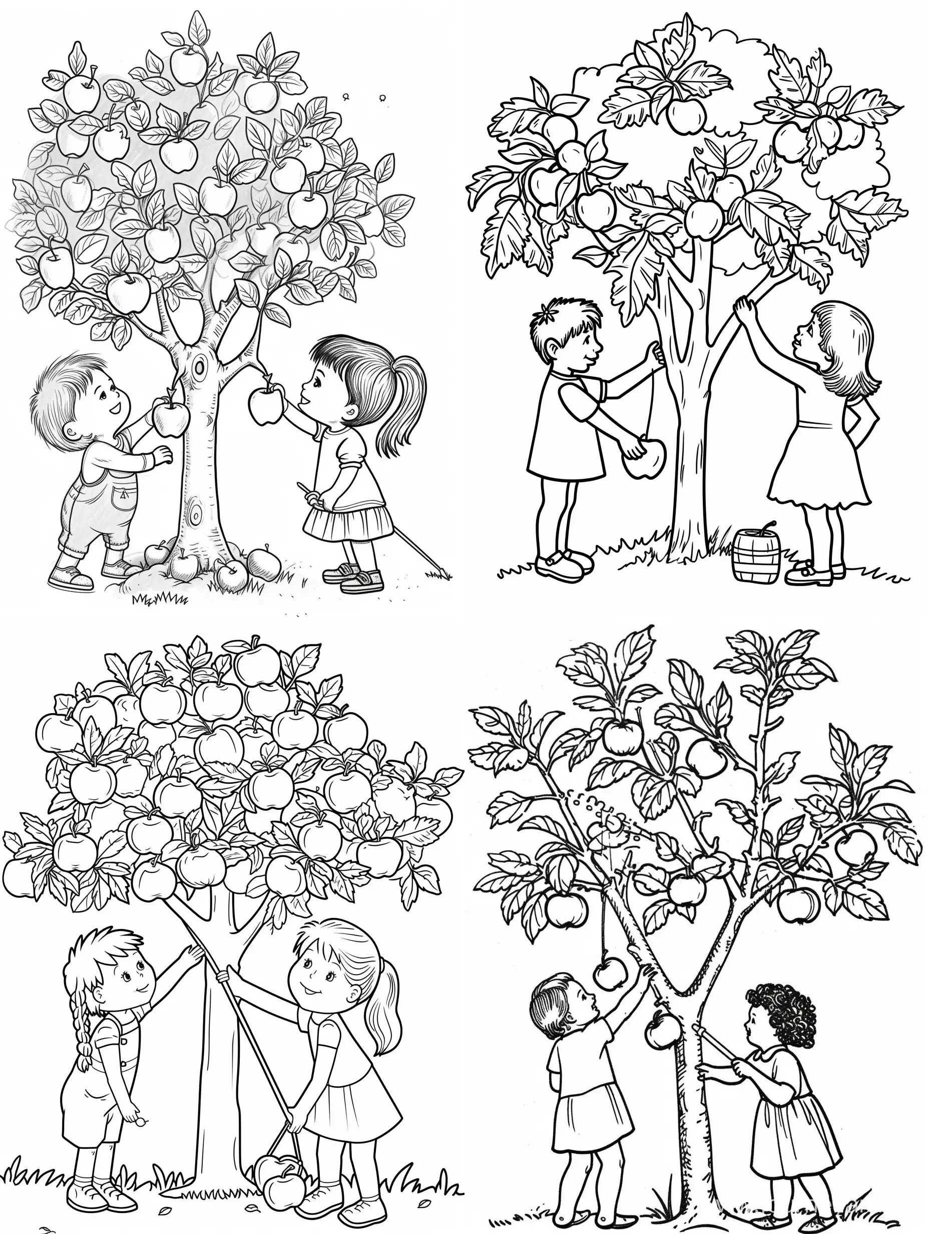 Make outline drawing of Boy and girl picking apples from apple tree