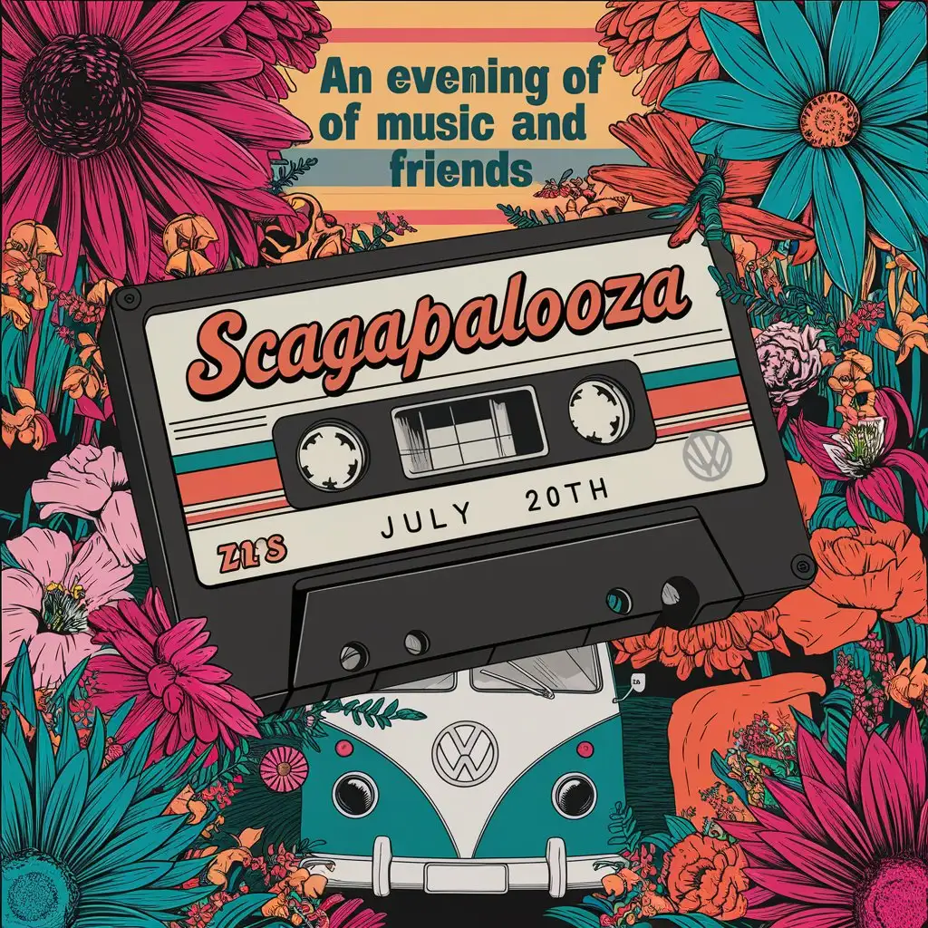 Casette tape, retro, vibrant colourful background, "SCAGAPALOOZA" in retro font, "JULY 20th" in retro font, vintage, "AN EVENING OF MUSIC AND FRIENDS" in retro font, flowers behind the casette, vibrant colours like you would see in the 70's, pink, orange, red, turquoise, old volkswagon bus