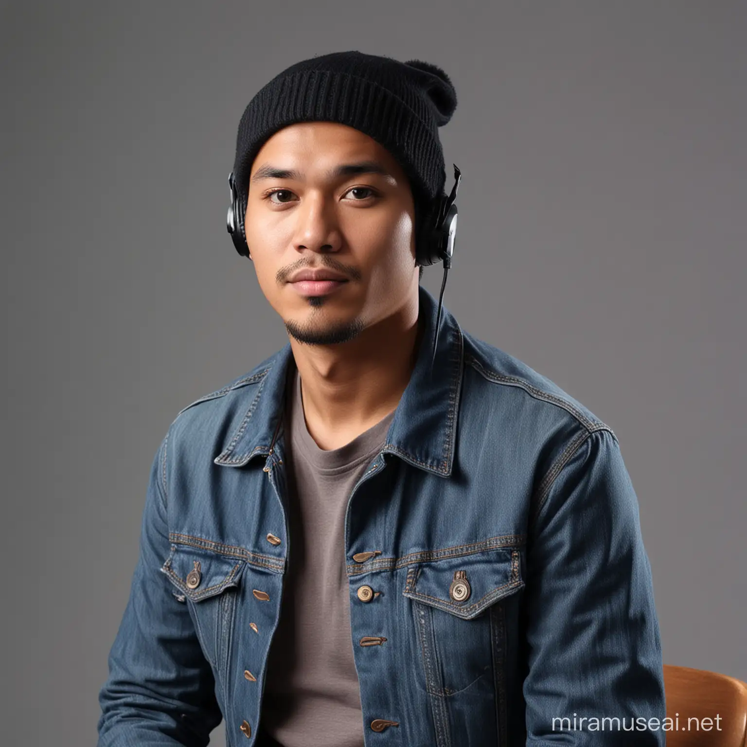 Indonesian Man in Stylish Denim Jacket Recording in Ultra HD Studio