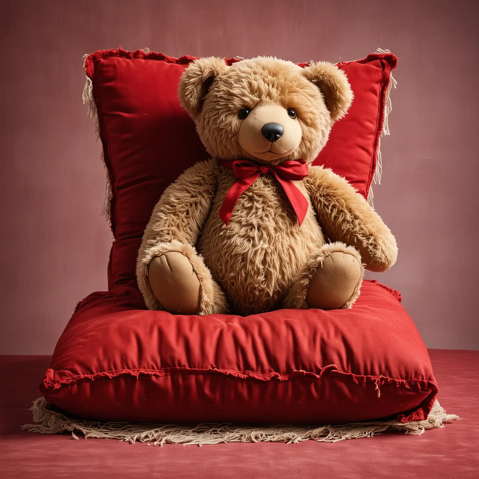 Battered old vintage Teddy Bear, sitting on a large red cushion, no bow around the neck, blank background