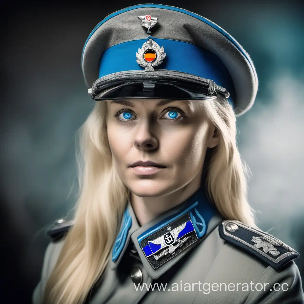 Портрет голубоглазой женщины блондинки, на вид ей лет 35, у неё светящиеся голубые линзы на глазах, она находится в серой форме генерала Германии, на ее голове серая фуражка Германии, она имеет задумчивый взгляд 