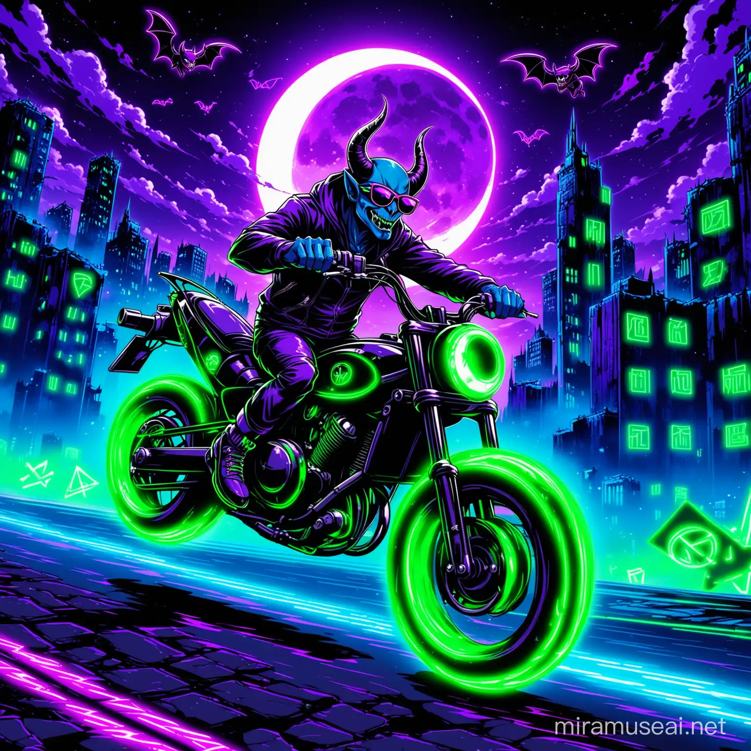 Devil Riding a motor cycle while doing a wheelie 
appreance- neon blue skin/full body/ backwards horns/sunglasses/
background-noir purple night/sky/cresent.moon/ruind city/christ-runes neon green