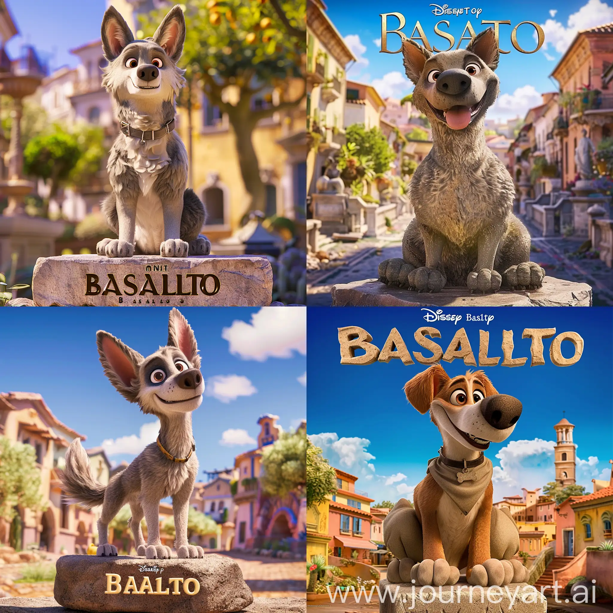 Basalto, the poster of the film Balto but the and the dog is a in inanimate,stylized and cheap statue of stone and the name of the film is "Basalto" , write "Basalto" as film Title,write Basalto