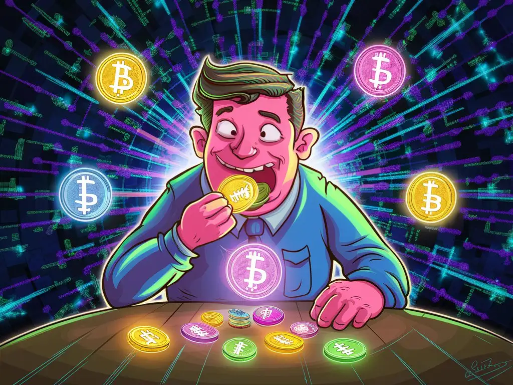 Man eating crypto tokens with very glowing background