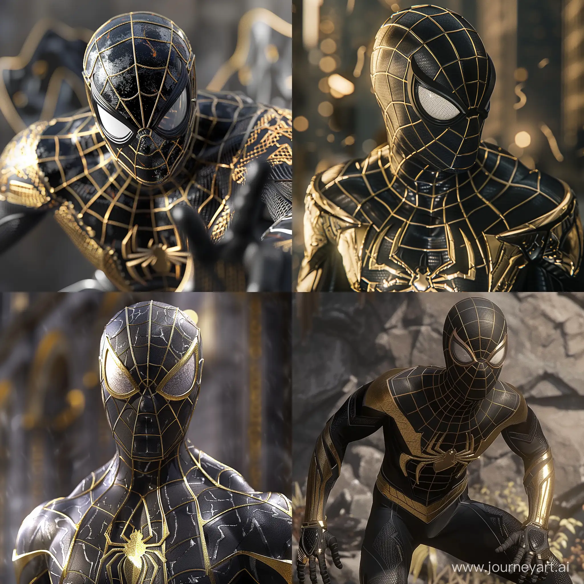 Spider Man in Black and Gold  ultra-realistic, high resolution, with cinematic lighting, 3-D Render, OpenGL-Shaders with intricate detail and superb quality