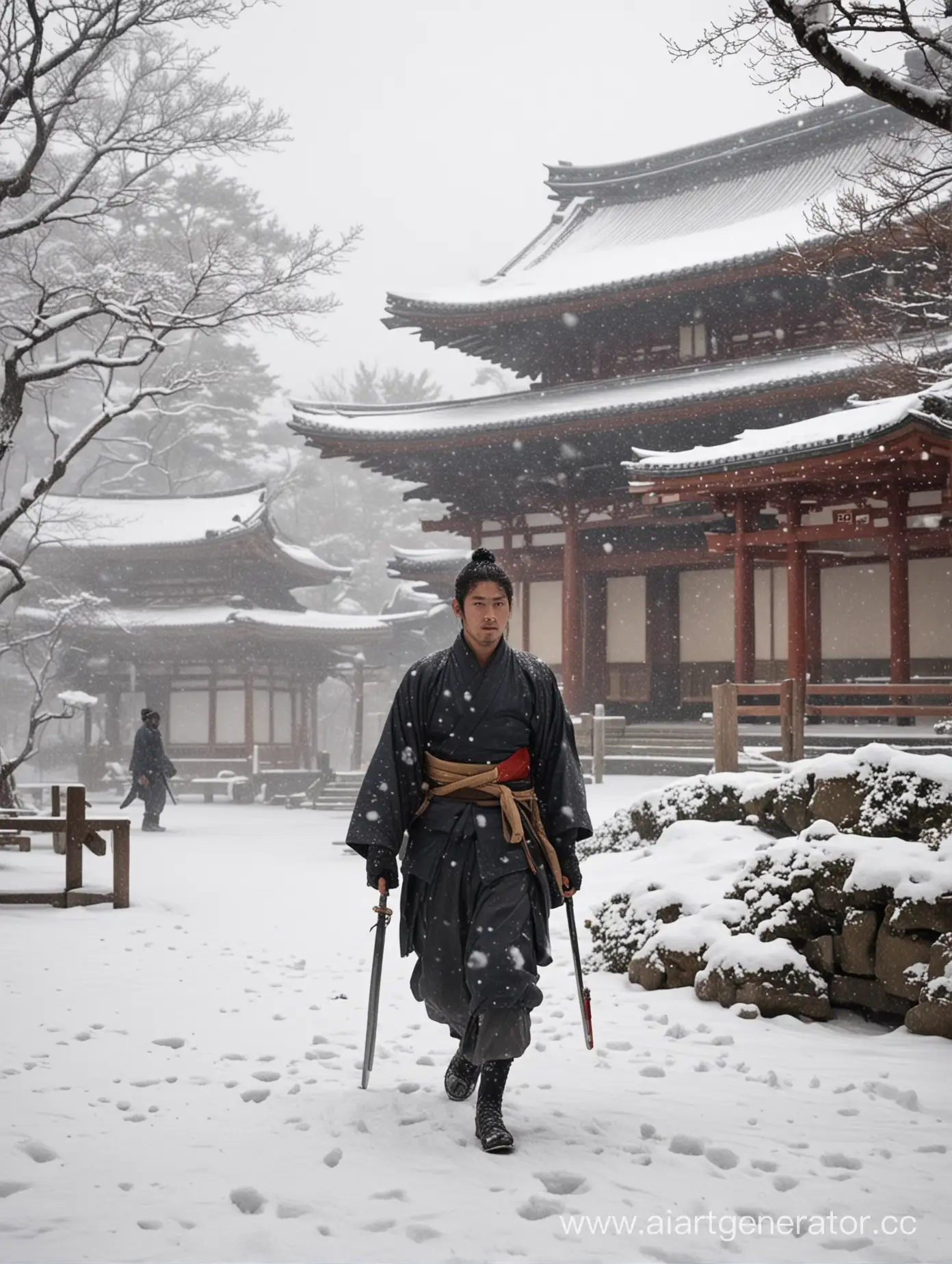 Ученик поддерживает тяжело раненого самурая, закинув руку самурая себе на плечо. Они подходят к японскому храму. 
Вокруг лежит снег.