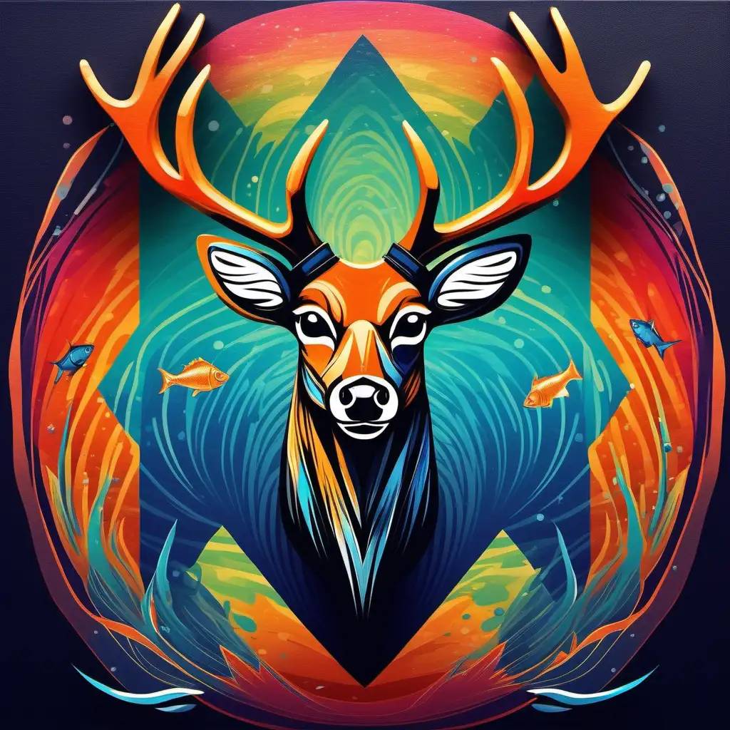 Start with a solid black background, Place an image of a deer head at the center of the canvas, Integrate an image of a bass fish into the composition. You can have it swimming near the deer head. Add a shark image to the scene, positioned in a way that complements the other elements. Create flashes of orange and blue colors in the background. You can use gradient tools or paintbrushes to add these colors in abstract patterns or streaks, creating a dynamic and vibrant atmosphere. 