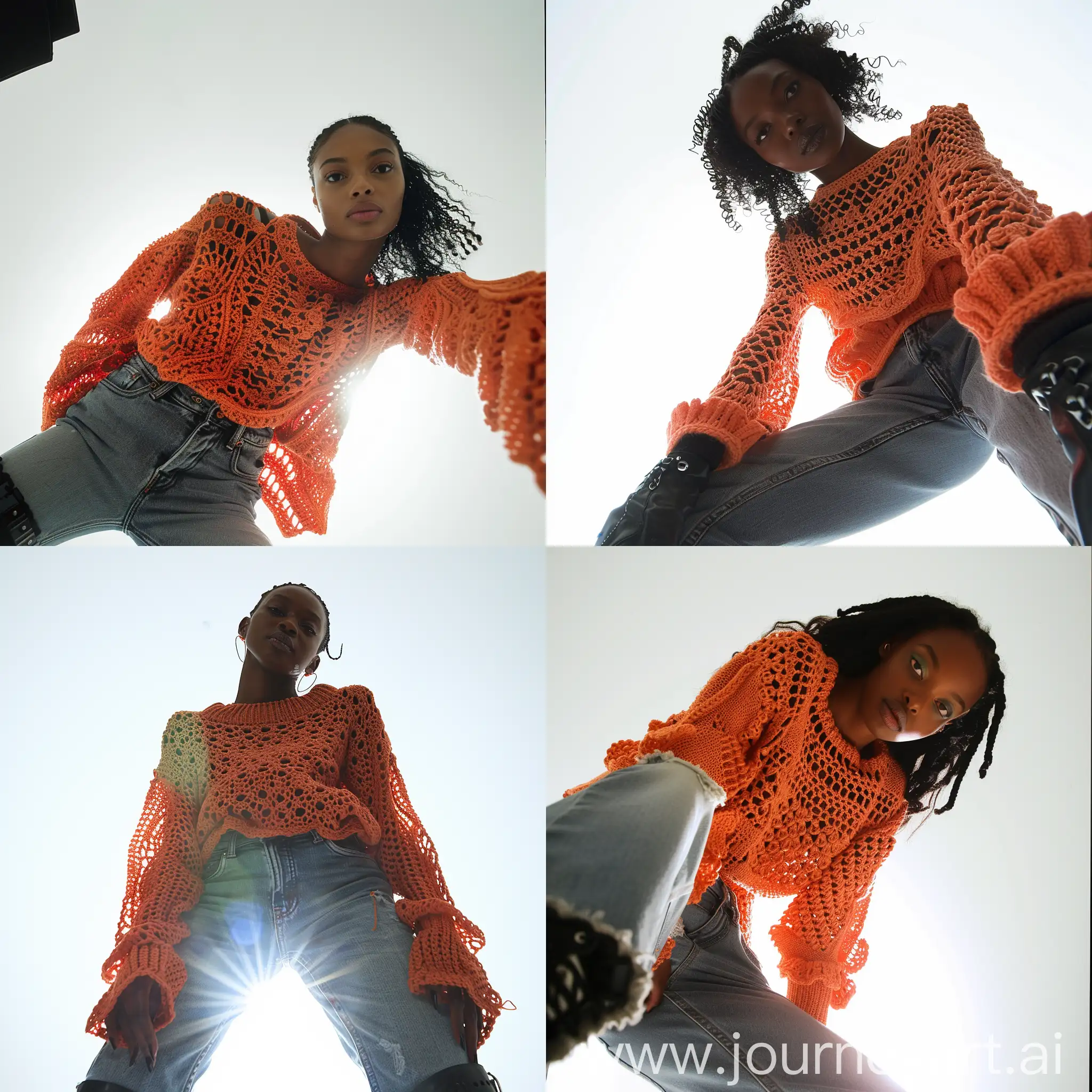 Photograph taken from below, black female model looking at the camera, wearing a loose orange crochet sweater, skynni jeans, mid combat boots, Canon EOS-1D, f 5.6, solid AND BRIGHT background, studio light set