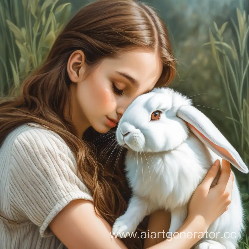 A young woman with brown hair and brown eyes holds a rabbit in her arms and the rabbit touches her nose with its nose the rabbit is lop-eared brown and white