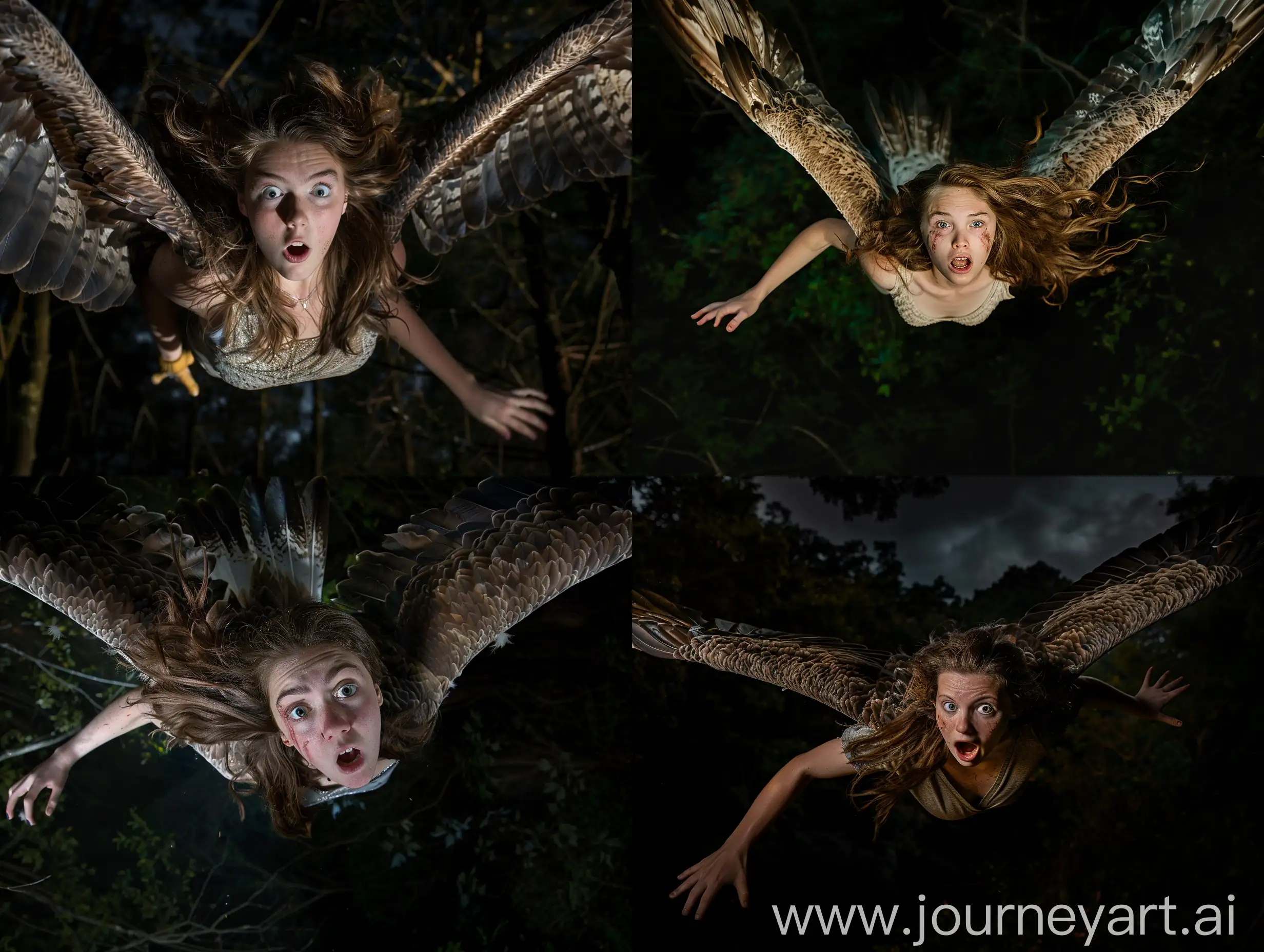 A young woman with loose brown hair, who has been transformed into an eagle. The photo is taken while the transformation is almost completed. She is flying over a forest at night. She has a desperate expression, screaming for help. Realistic photograph, full body picture.