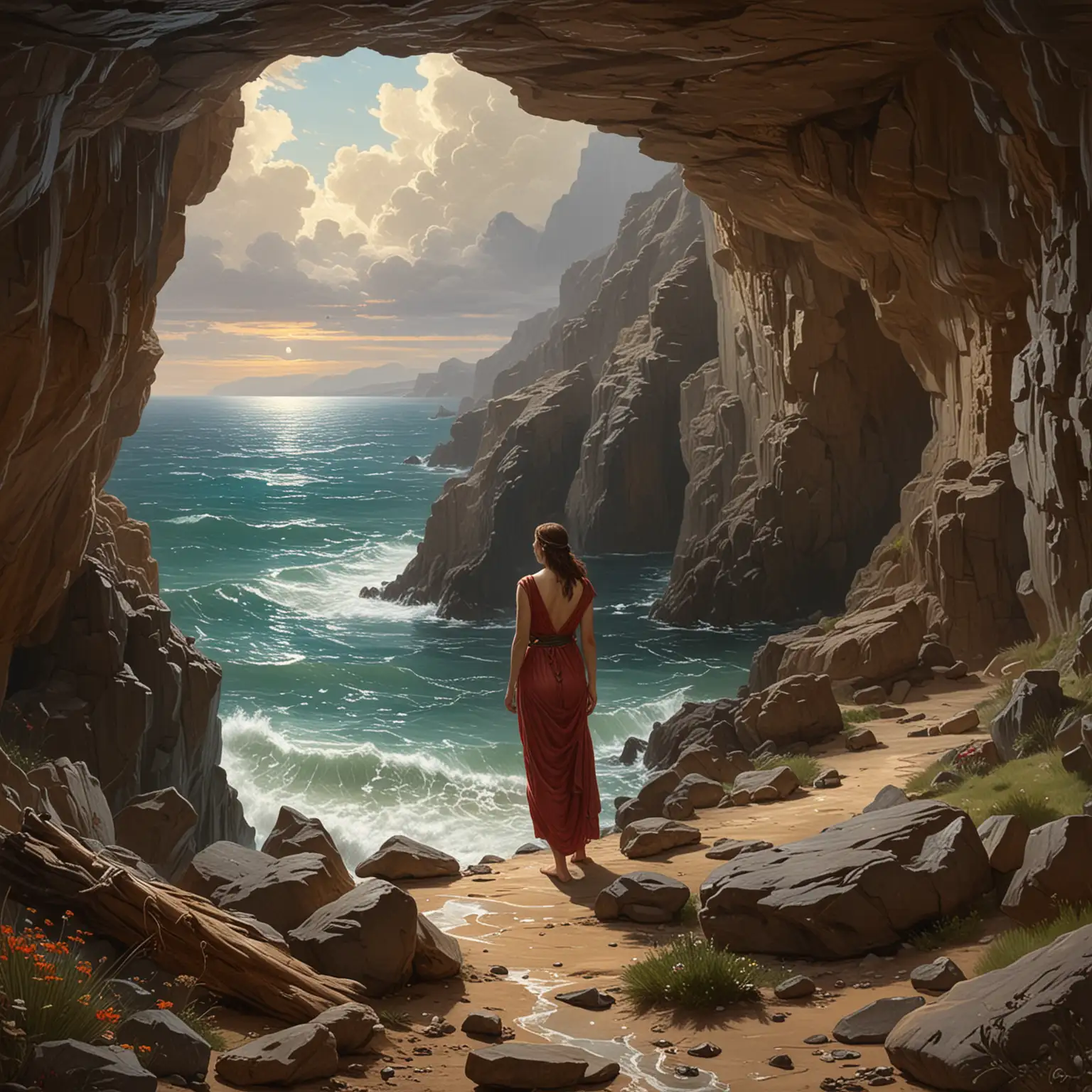 The muse is looking sadly at Odysseus from the shore inside the cave, envisioned in the artistic style of the renowned British painter, Sir John William Waterhouse