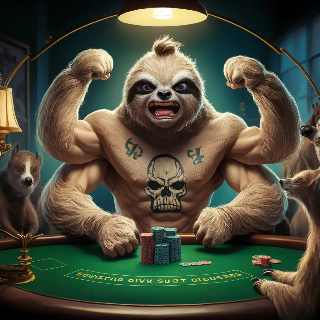 Muscular-Angry-Sloth-Playing-Poker-with-Three-Tattoos