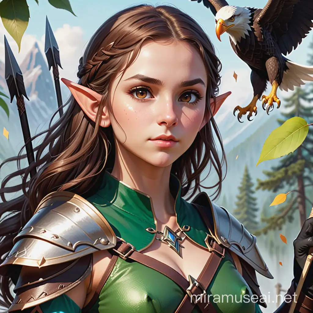 An elf with brown eyes and brown hair down to the shoulders. She's 182 cm tall and has an eagle that's 91 cm tall. She uses a long bow with black arrows. She's a thief and an acrobat. She's equipped with a knife and small throwing knives. She wears dragon-leather armor.