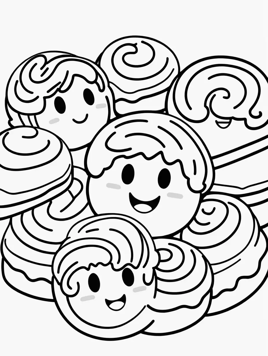 coloring book, cartoon drawing, clean black and white, single line, white background, cute cinnamon rolls, emojis