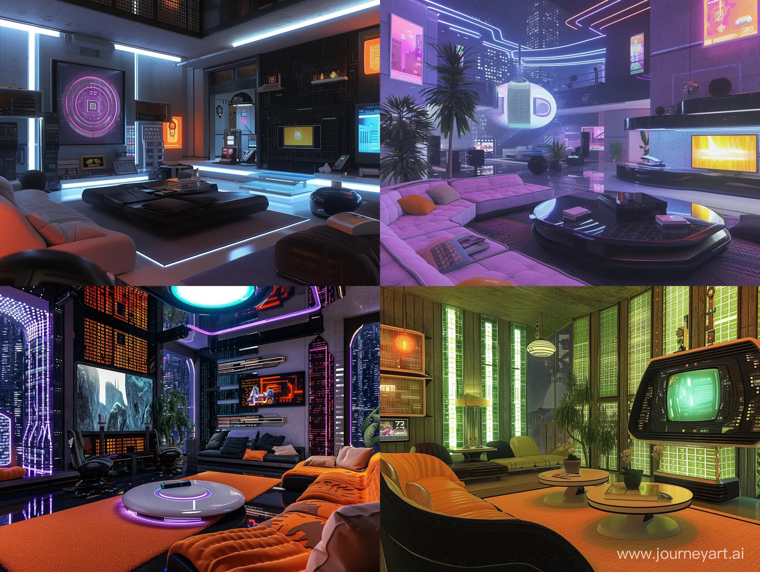 A modern living room with a futuristic Y2K aesthetic and various themes, showcasing unique architecture and an atmospheric cybercore vibe.

