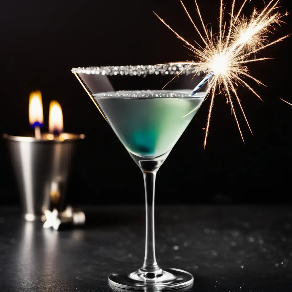 New Years cocktail on table top with sparkler as a garnish in a martini glass