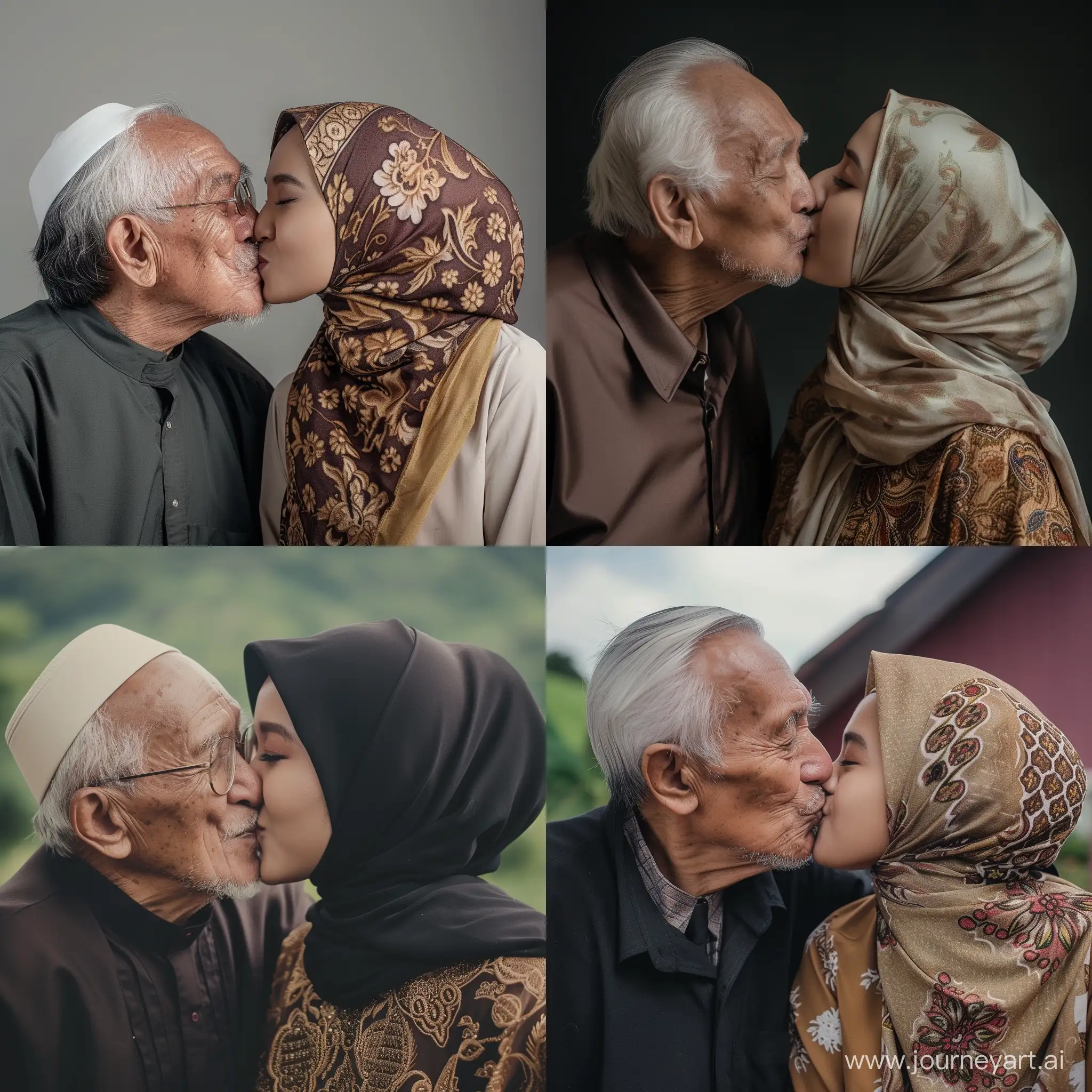A 60 year old indonesian grandfather and a 29 year old  young woman wearing a hijab are kissing