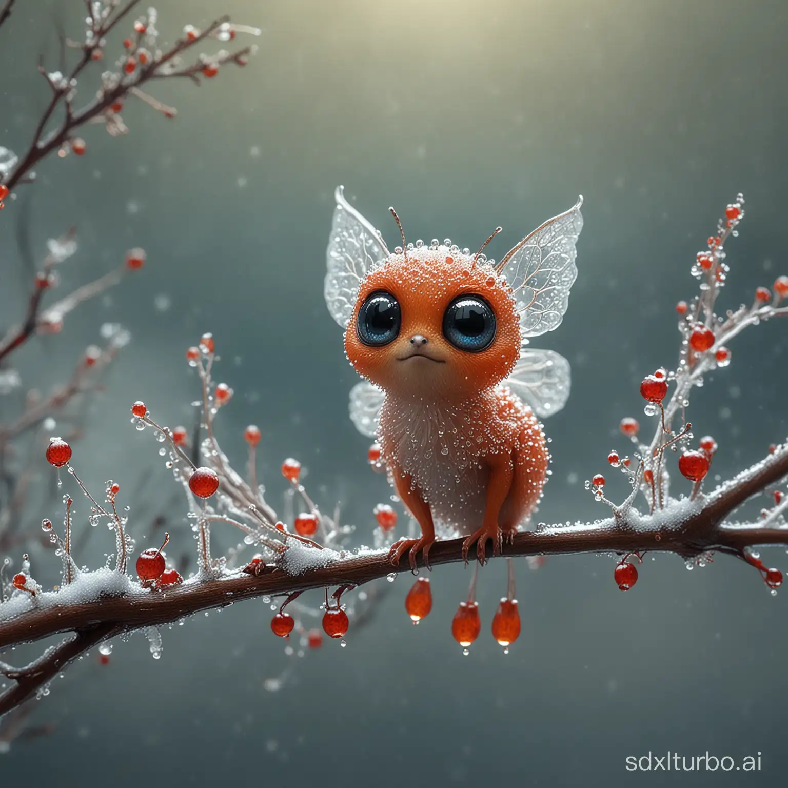 fantasy surreal glittering tiny pixie creature , by Craola, Semenov, big detailed expressive glowing eyes  hyperrealism, macro, otherworldly light inside rowanberries transparent glass, rowanberry  berries on a branch, frost, frost, snow, water drops, sky, medium glow, cute and charming, filigree, detailed body texture dreamlike, tender, filigree looking in camera,  sky, sleek, modern., fairytale, fantasy, by Andy Kehoe, artistic water drops, dynamic pose, tender, octane render, soft natural volumetric light, atmospheric, sharp focus, centered composition, professional photography, complex background, soft haze, masterpiece. animalistic, beautiful, tiny detailed