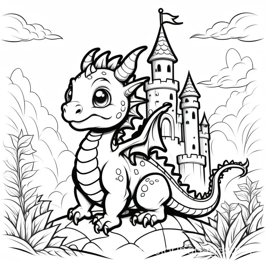 Cute kawaii dragon near a castle, black and white line drawing, coloring book page., Coloring Page, black and white, line art, white background, Simplicity, Ample White Space. The background of the coloring page is plain white to make it easy for young children to color within the lines. The outlines of all the subjects are easy to distinguish, making it simple for kids to color without too much difficulty