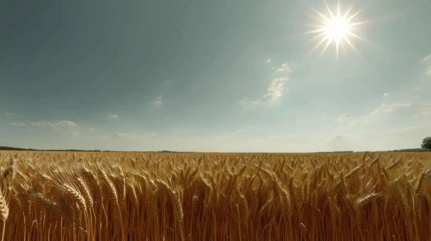 wheat field wide shot with sun in sky


