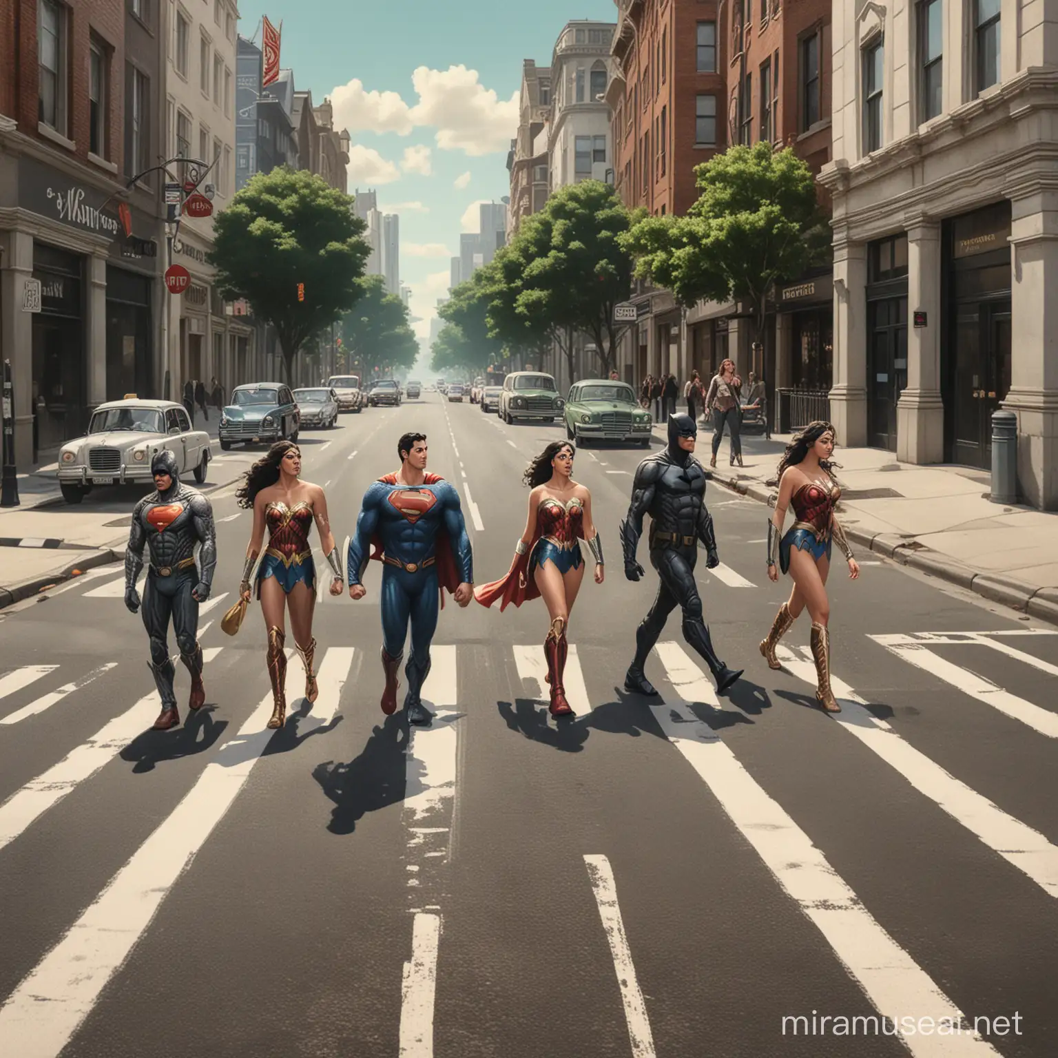 Superman, Batman, Wonder Woman, Aquaman walking across the street from left to right. They are walking single file, one behind the other In the style of The Abbey Road album cover.