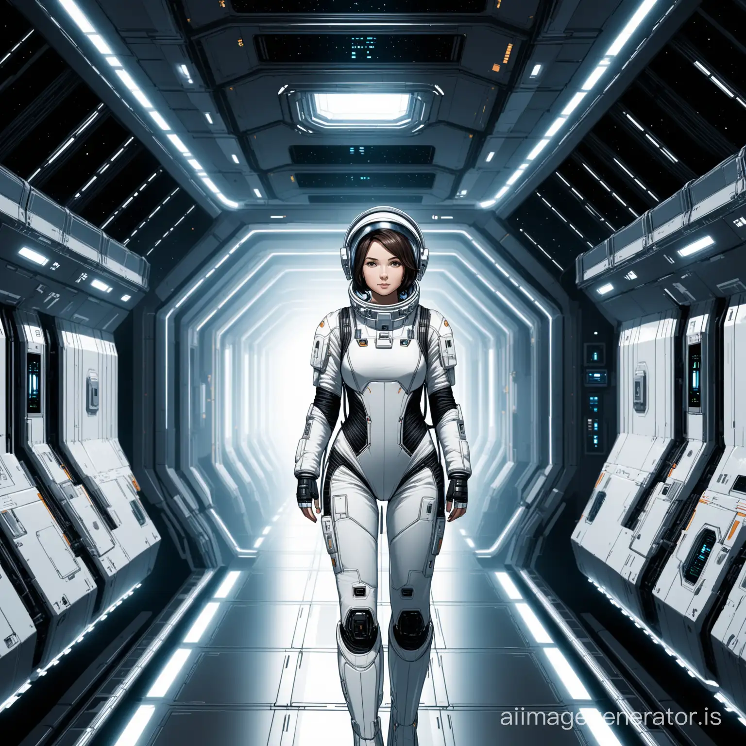 A photorealistic 3d render of a lovely short hair brunette woman in a robotic astronaute space suit with a helmet on her head standing ground level inside a space station hallway. The woman's looks to be in her late twenties. The woman is at the center in depth of the hallway, we can see her bionic boots. She appears to be looking straight ahead. The space station is white with various machinery, equipment and an a closed door visible in the background. The helmet has a visor on the left side. The image has a color palette of white, gray, and black. The overall atmosphere is futuristic and space-themed.