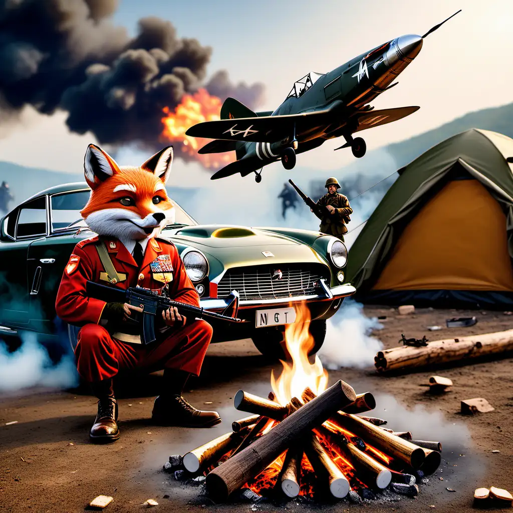 A Fox in a us marine corps uniform next to a tent and a camp fire, there is a automatic rifle laying at his feet, he sits on a log with a marshmallow on a stick, two WW2 planes are in a dogfight in the sky above, his Nissan GT-R is parked in the background