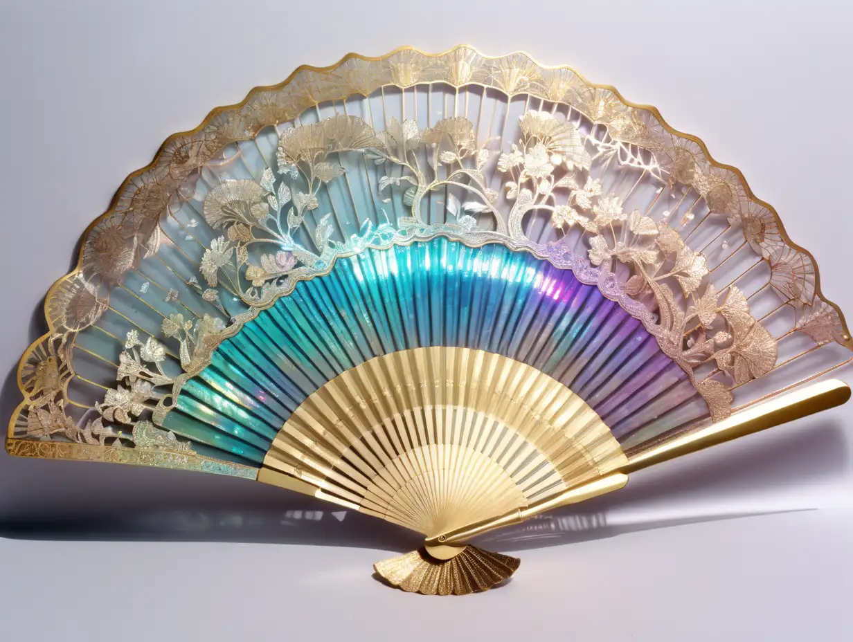 large handfan. metalic. iridescent. gold silhouette outline. very intricately and microscopically detailed.