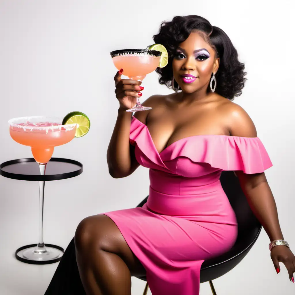 Elegant Black Woman in Pink Dress Relaxing with Margarita Drink