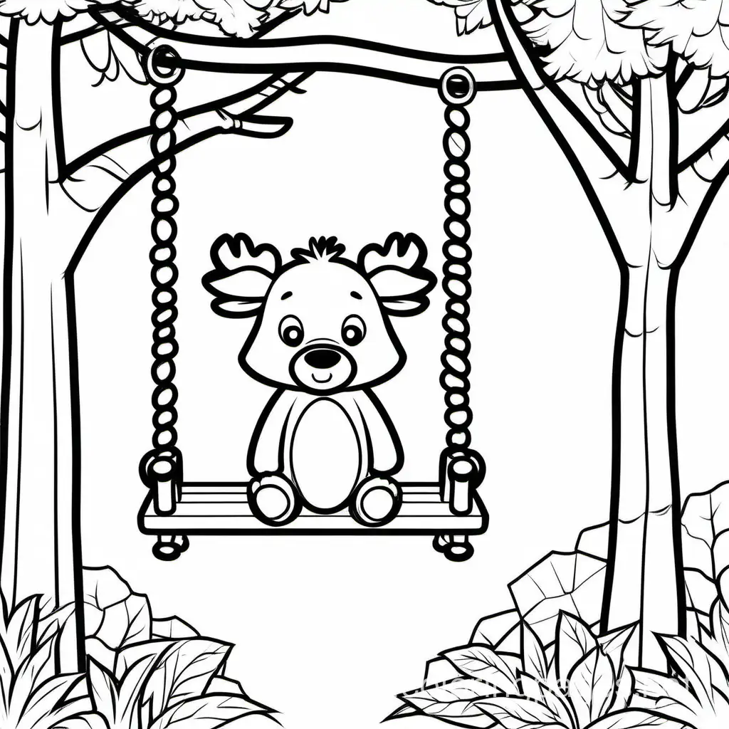 Moose behind 
a bear on a swing, Coloring Page, black and white, line art, white background, Simplicity, Ample White Space. The background of the coloring page is plain white to make it easy for young children to color within the lines. The outlines of all the subjects are easy to distinguish, making it simple for kids to color without too much difficulty
