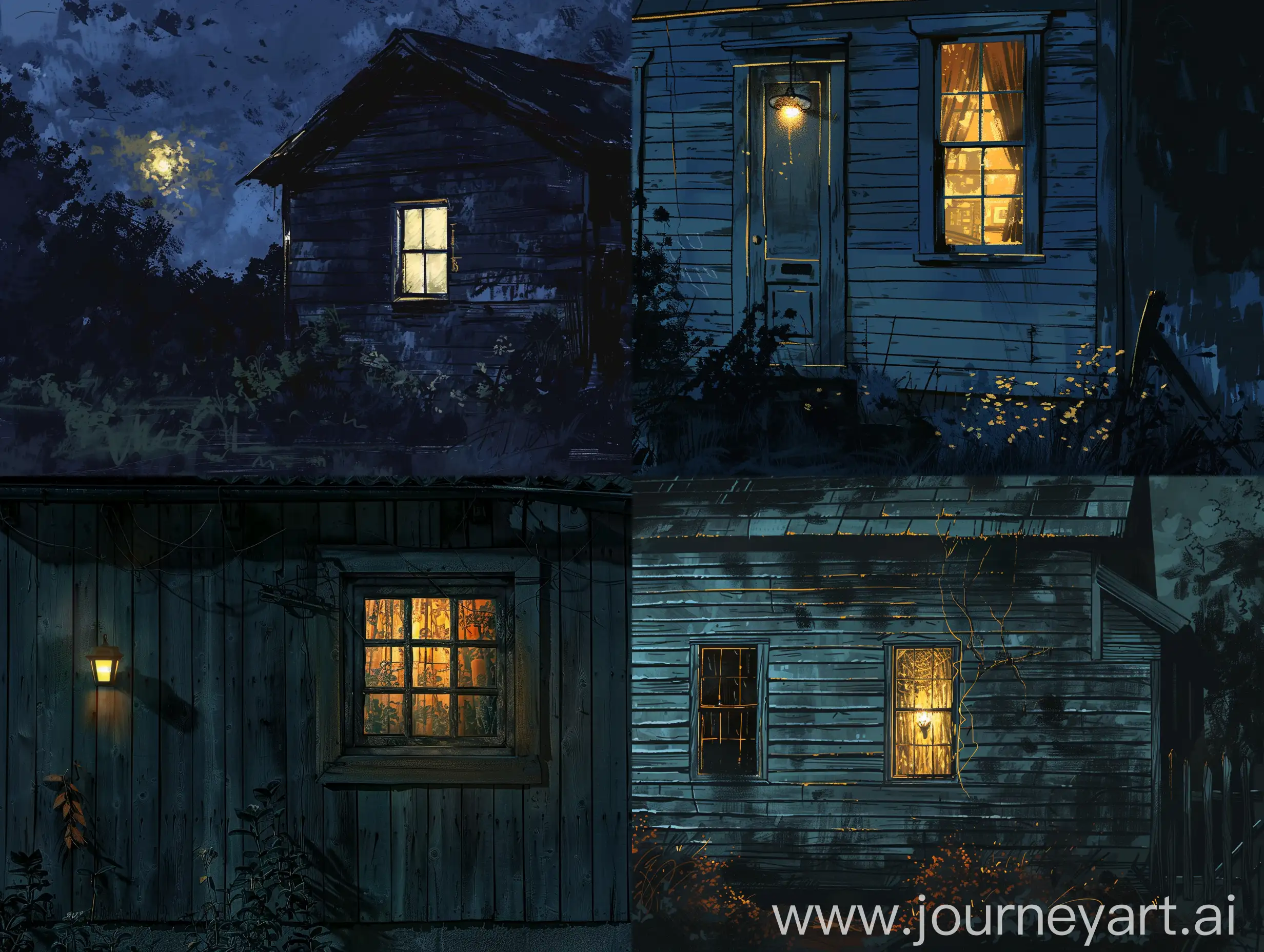 Charming-Old-House-Glowing-in-the-Night-Vintage-Panel-Illuminated-Scene