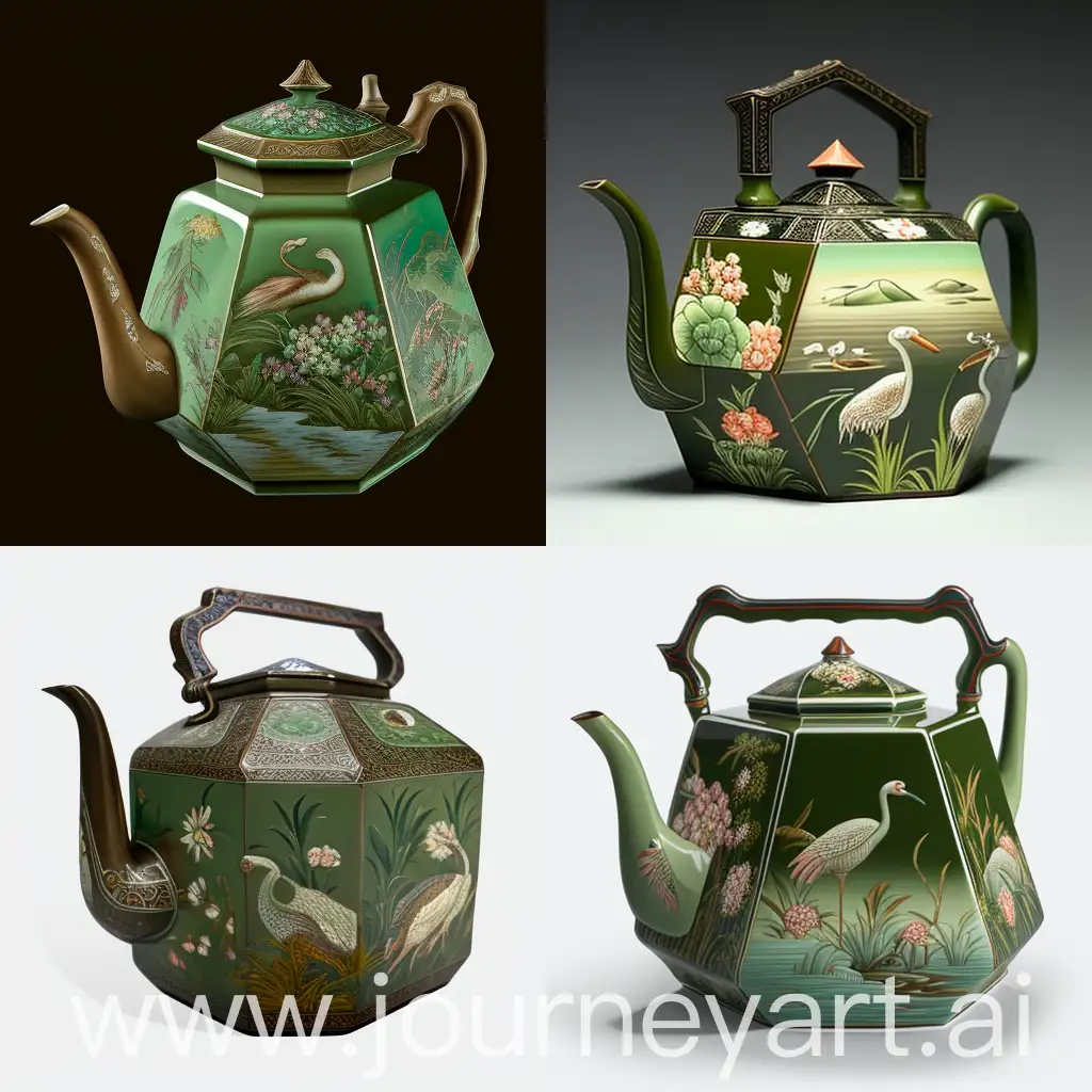 Chinese octagonal teapot, with spout, handle and lid, gradient green color, and patterns of geese and flowers on each side.