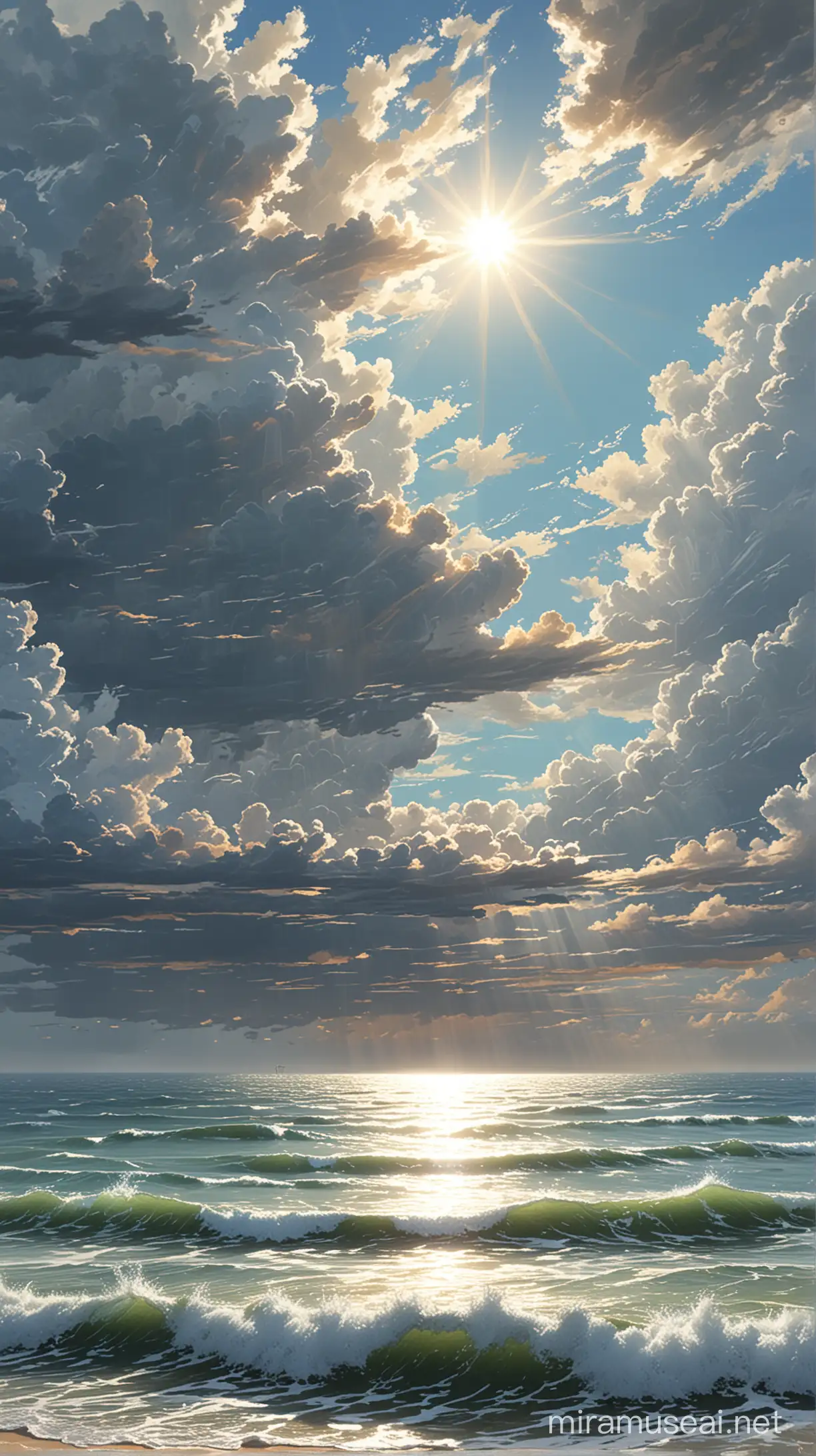 Daytime, detailed clouds, bright sky, sunlight shining, oceanfront, waves, ultra detailed, high resolution, best composition, illustration, acrylic palette knife, makoto shinkai style, Codex_401 style, mystical, Mystica_meta style, ghibli vibes, ultra detailed, render, stable diffusion, trending pixiv fanbox, --ar MJ V 6.0 , photo view from eye sight.