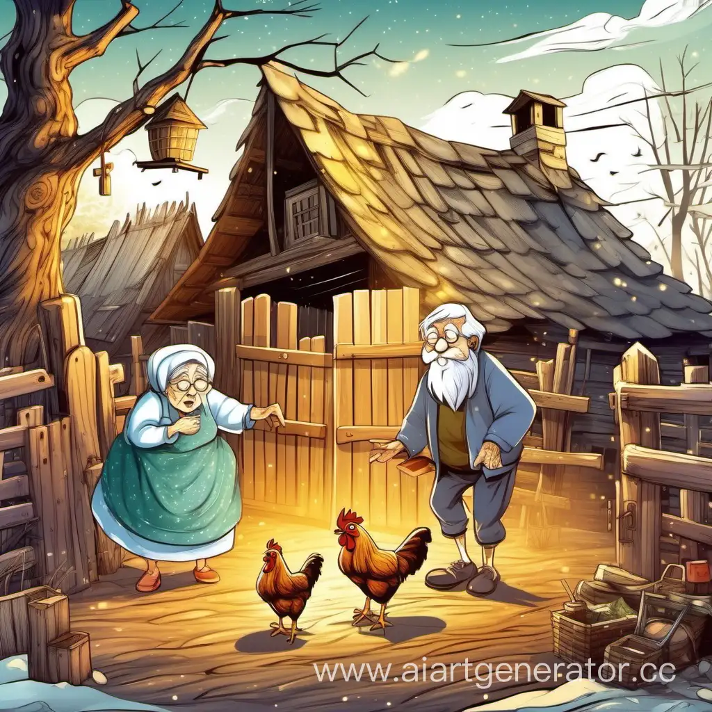 бабушка и дедушка плачут над курицей на фоне старой избы, во дворе в деревне, летит много щепок, в старой русской деревне на переднем фоне ворота, иллюстрация к сказке 