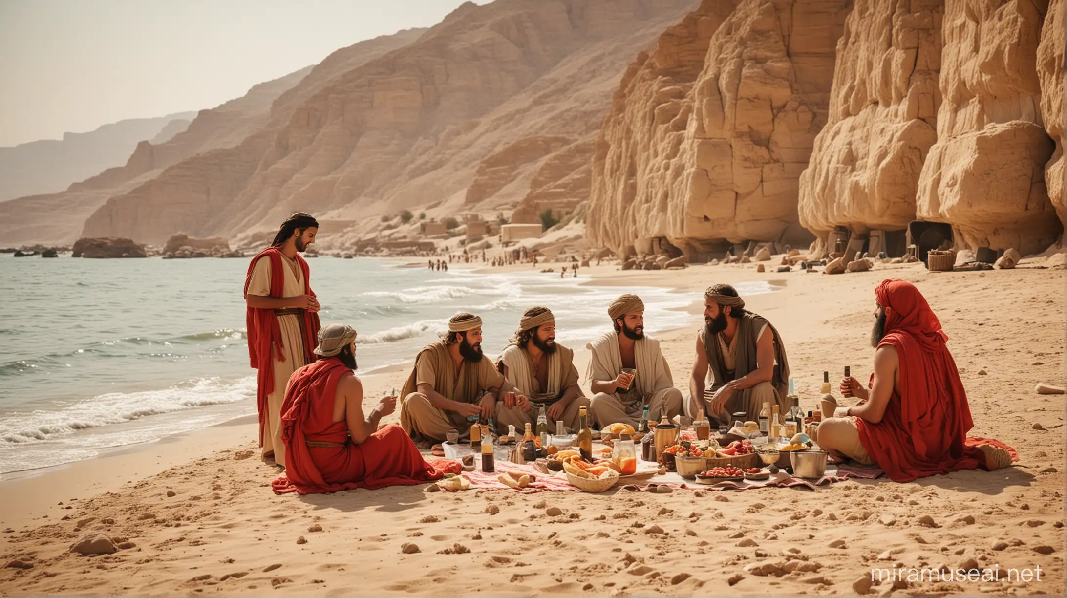 On the shores of the Red Sea.
3000 years ago.
People dressed as ancient Israelites.
People having a pic nic and drinking alcohol.
