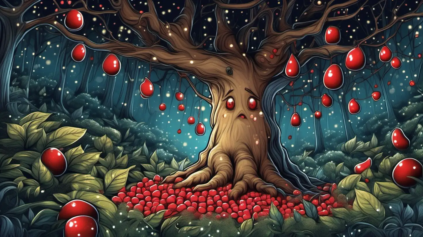 illustrate a tree, whose fruits are little red candys, , it is looking sad ,at night, summer, in the magical forest